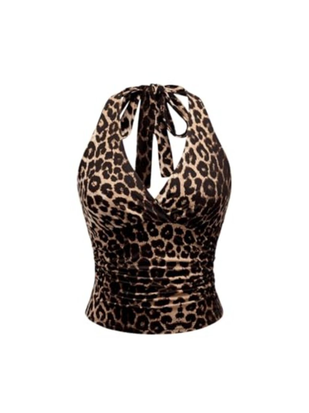 Leopard Print Halter Tank Top Backless Ruched Crop Going Out Cami
